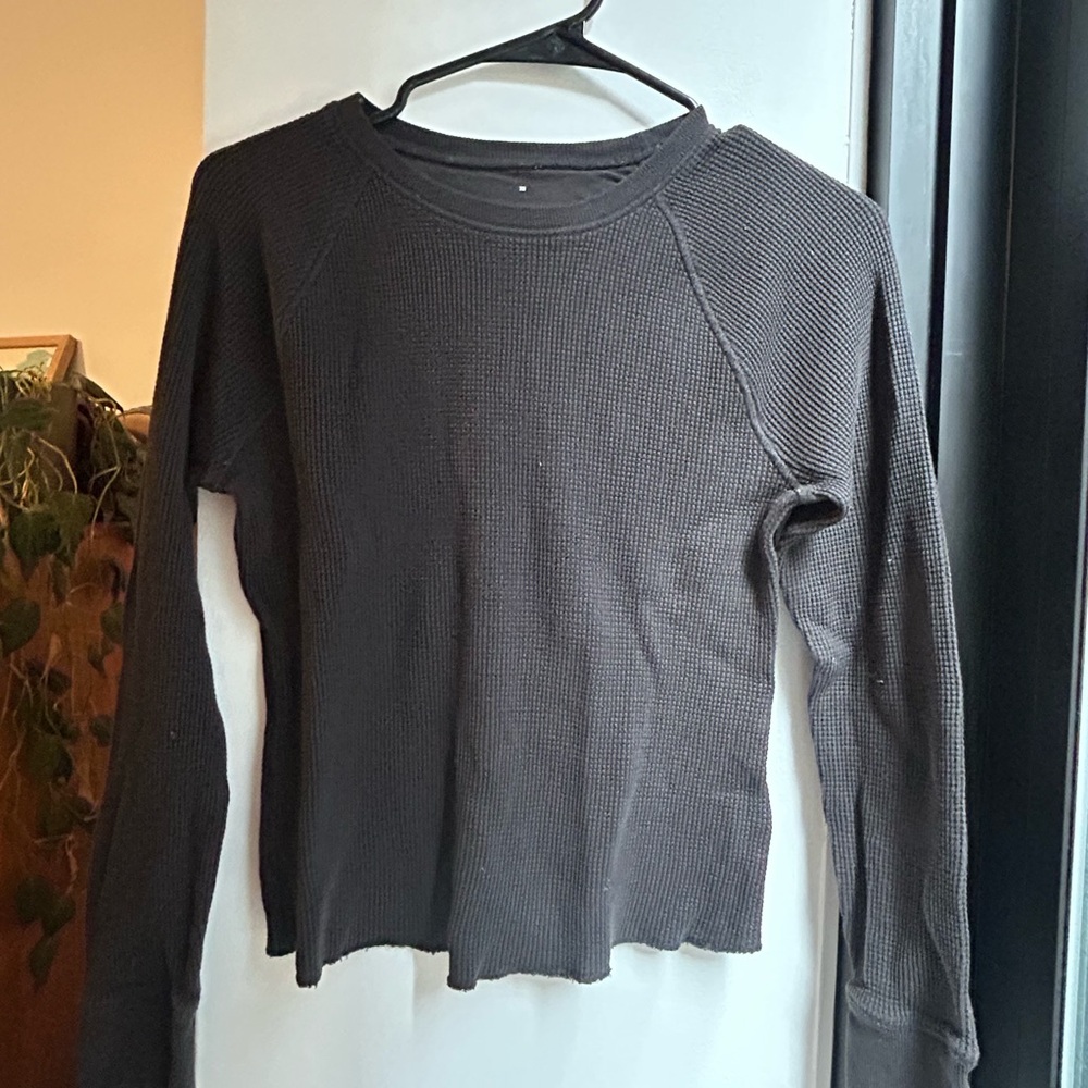 Everlane Black Waffle Knit Long Sleeve Top